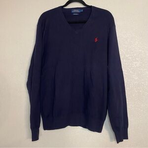 polo ralph lauren men sweater pima cotton blue navy v neck Sz Large